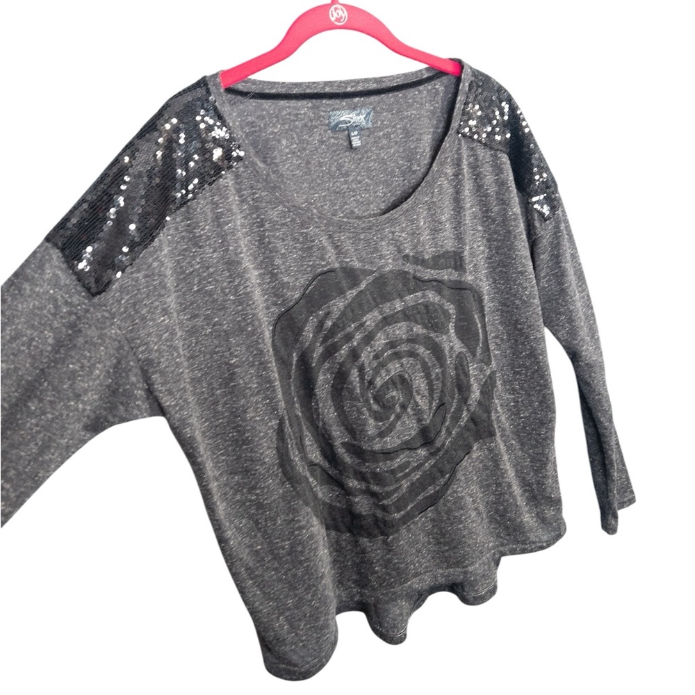 Vintage Y2K Silver Jeans Co L Gray Black Linen Blend Sequin Embellished Rose Tee